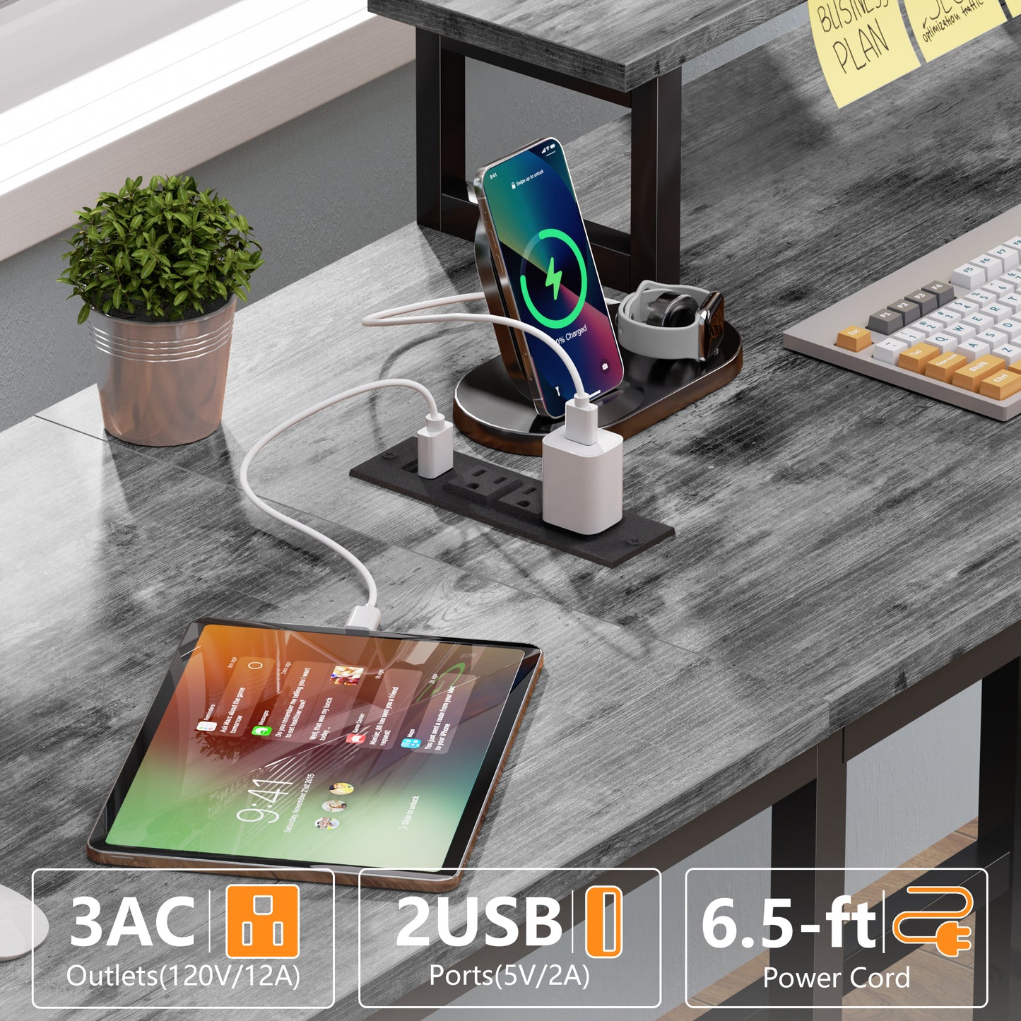 Satifur 59" L-Shaped Desk with Power Outlets, 4 Fabric Drawers & 2 Monitor Stands, Convertible Two Person Home Office Desk, Gray