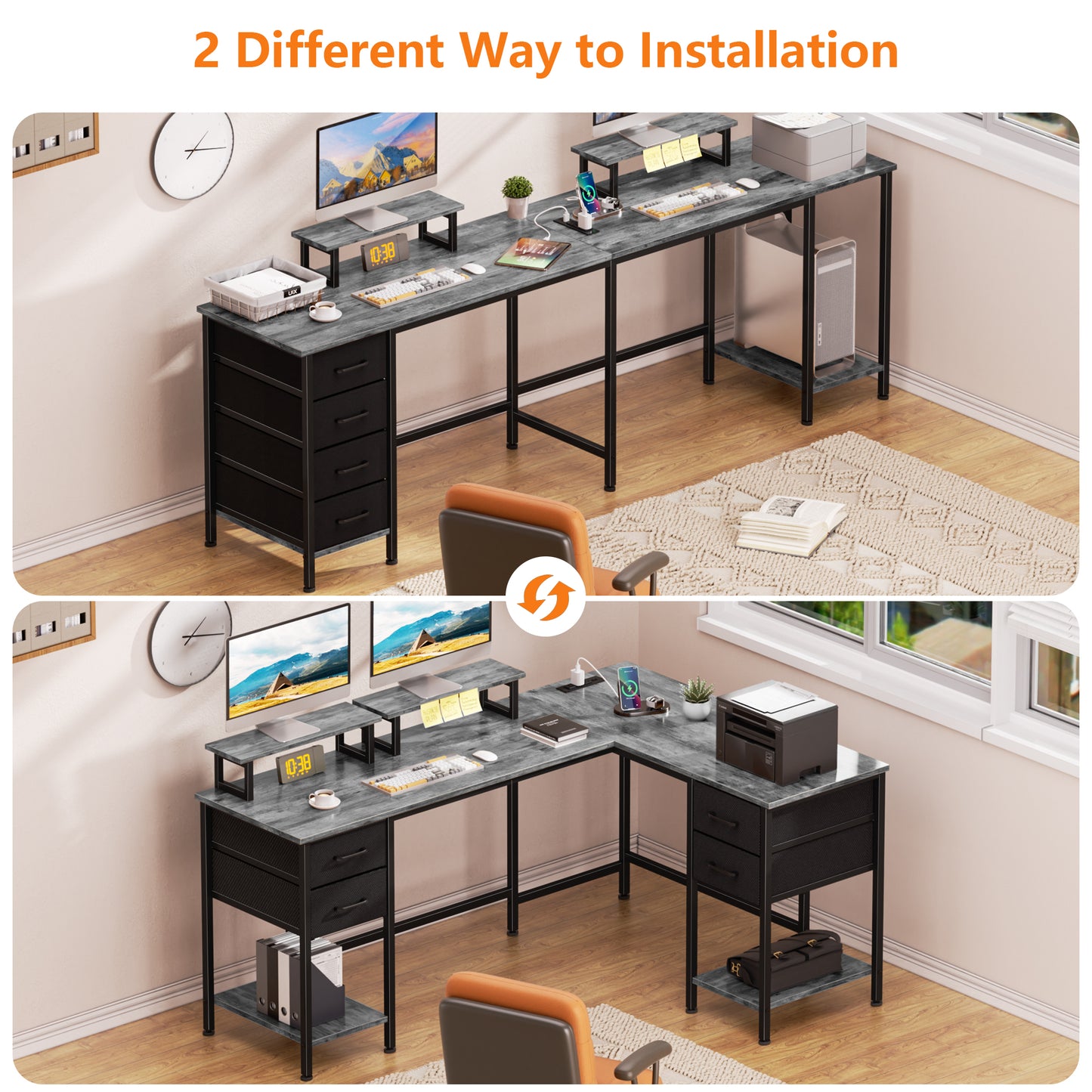 Satifur 59" L-Shaped Desk with Power Outlets, 4 Fabric Drawers & 2 Monitor Stands, Convertible Two Person Home Office Desk, Gray