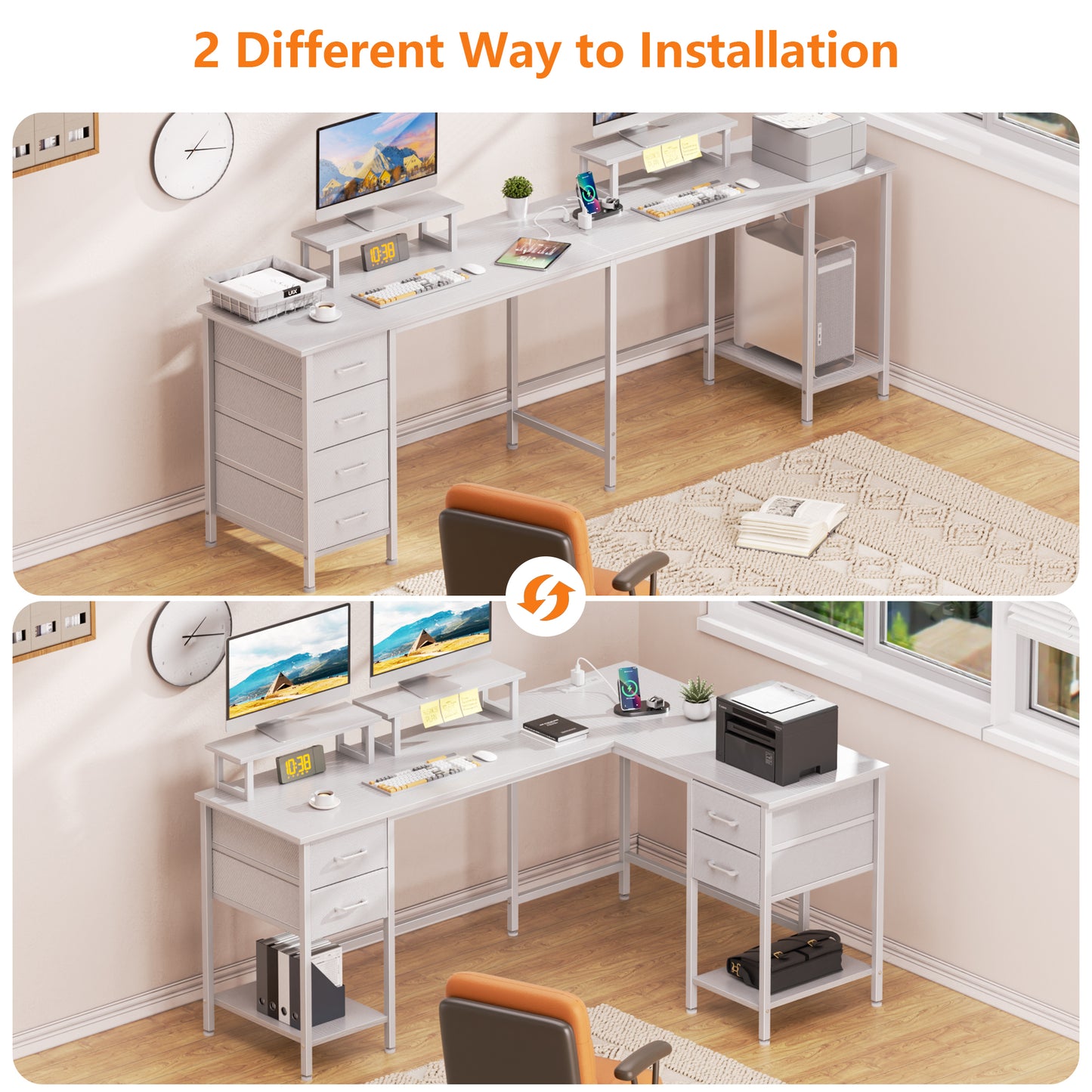 Satifur 59" L-Shaped Desk with Power Outlets, 4 Fabric Drawers & 2 Monitor Stands, Convertible Two Person Home Office Desk, White