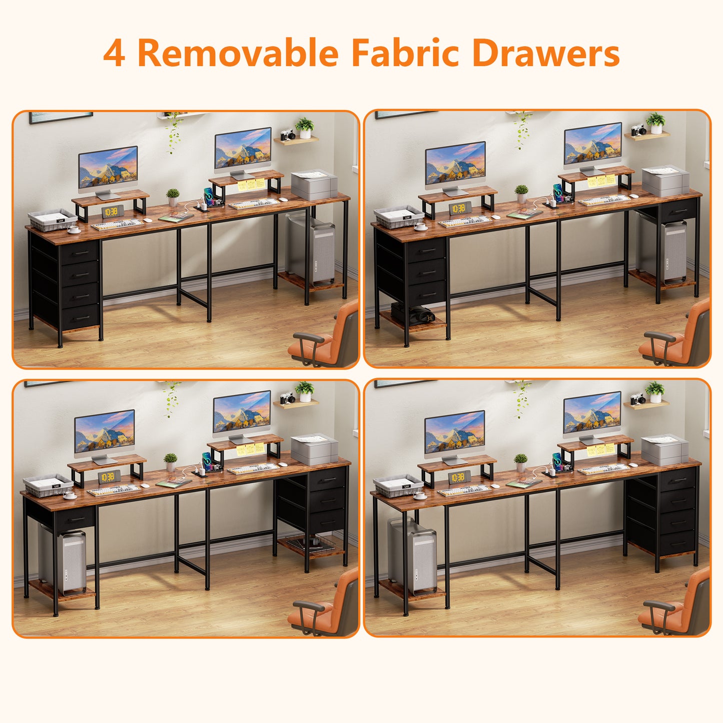 Satifur 59" L-Shaped Desk with Power Outlets, 4 Fabric Drawers & 2 Monitor Stands, Convertible Two Person Home Office Desk, Rustic Brown