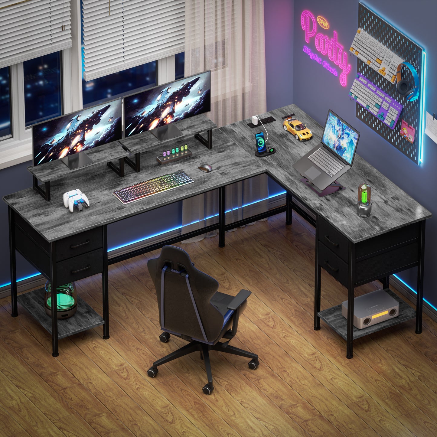 Satifur 66" L-Shaped Desk with Power Outlets, 4 Fabric Drawers & 2 Monitor Stands, Convertible Two Person Home Office Desk, Gray