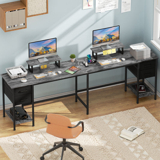 Satifur 66" L-Shaped Desk with Power Outlets, 4 Fabric Drawers & 2 Monitor Stands, Convertible Two Person Home Office Desk, Gray