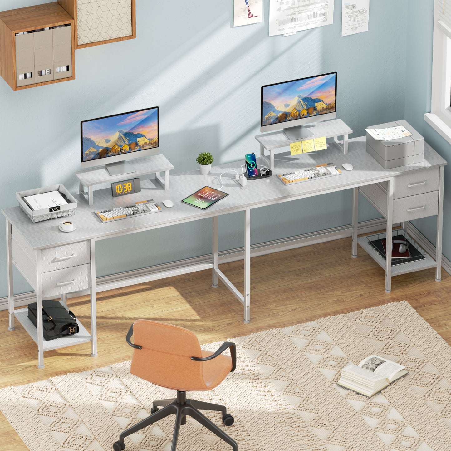 Satifur 66" L-Shaped Desk with Power Outlets, 4 Fabric Drawers & 2 Monitor Stands, Convertible Two Person Home Office Desk, White