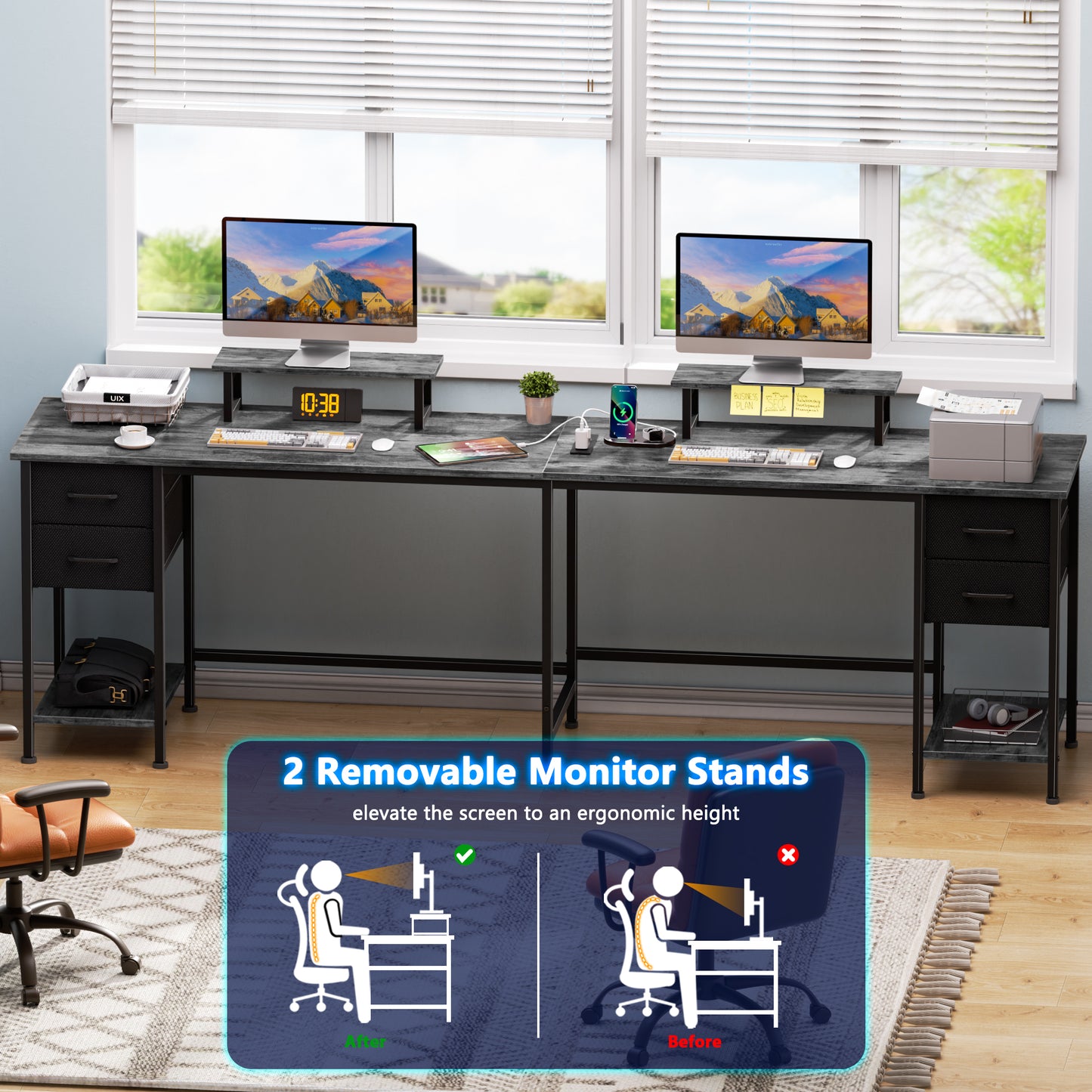 Satifur 66" L-Shaped Desk with Power Outlets, 4 Fabric Drawers & 2 Monitor Stands, Convertible Two Person Home Office Desk, Gray