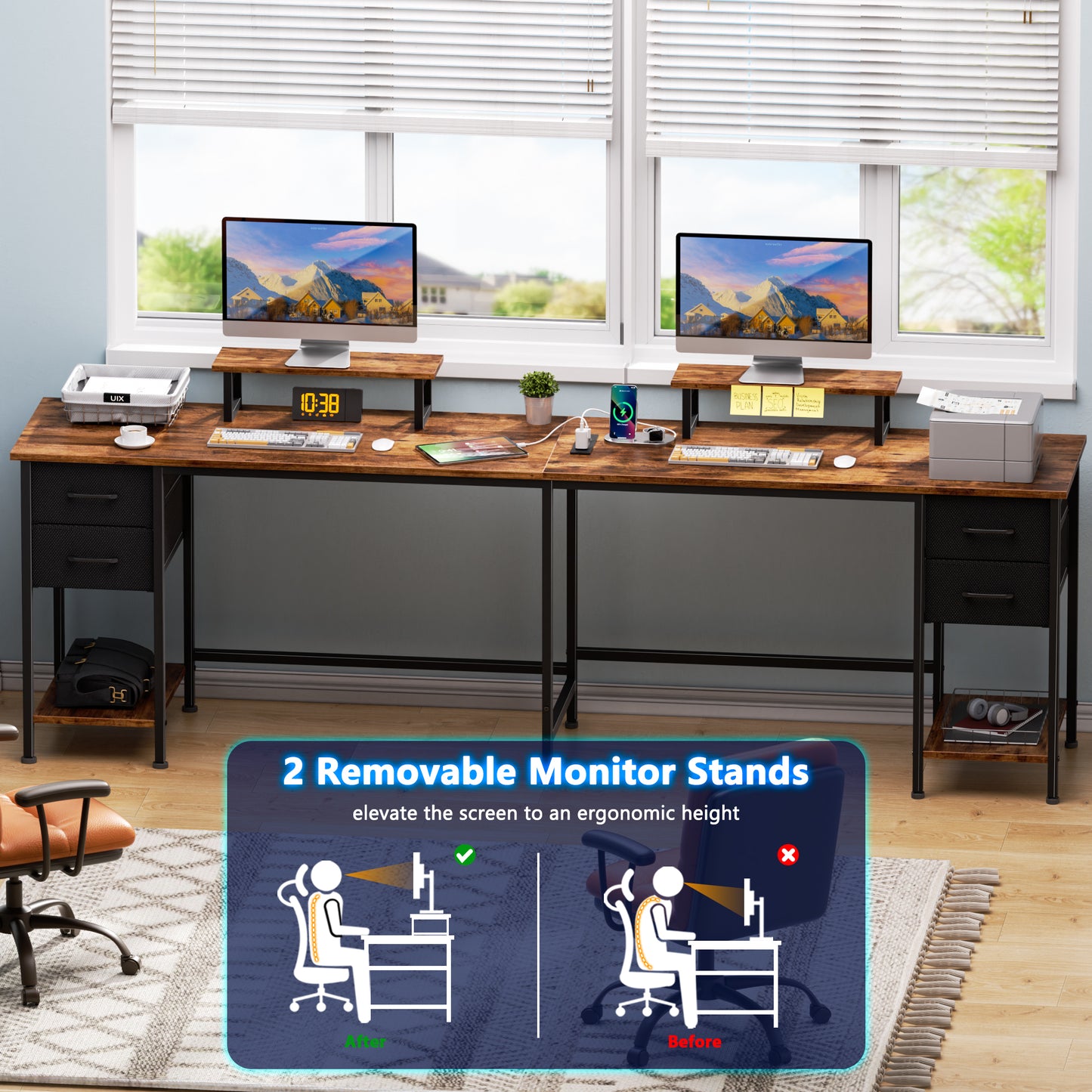 Satifur 66" L-Shaped Desk with Power Outlets, 4 Fabric Drawers & 2 Monitor Stands, Convertible Two Person Home Office Desk, Rustic Brown