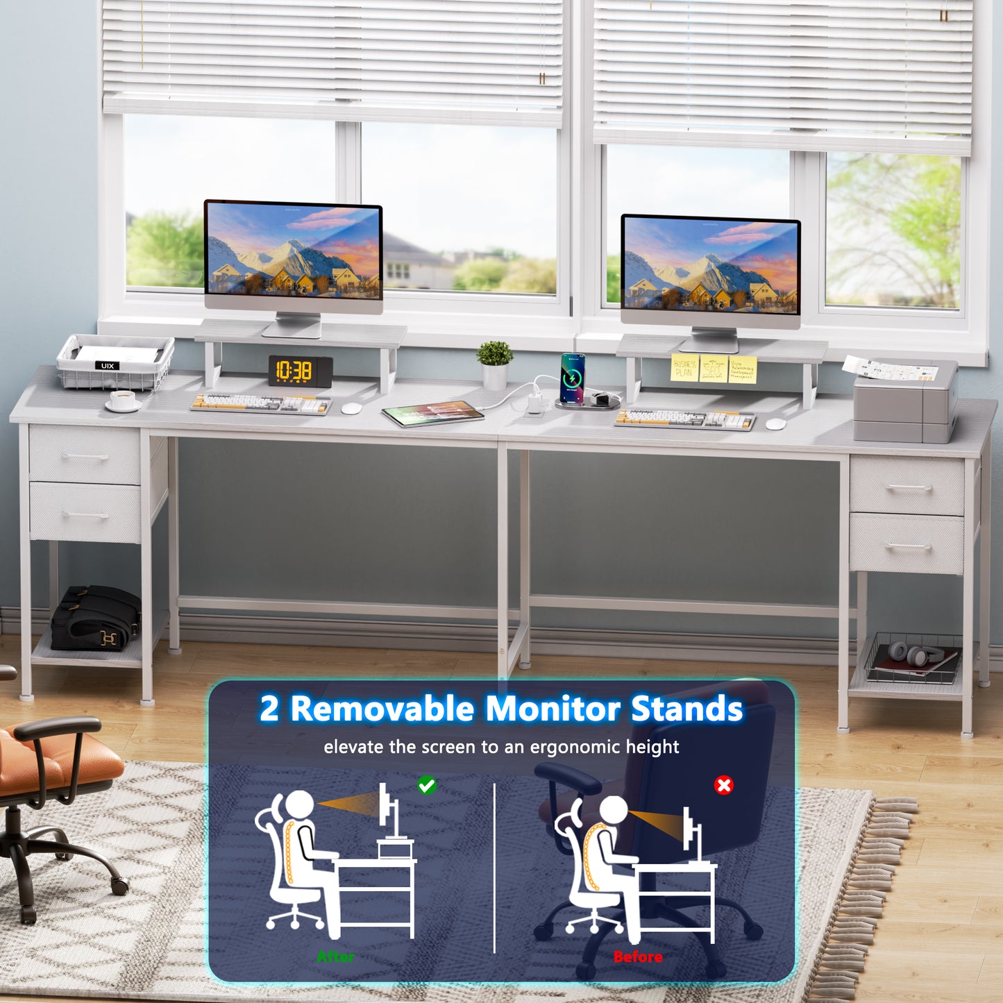 Satifur 66" L-Shaped Desk with Power Outlets, 4 Fabric Drawers & 2 Monitor Stands, Convertible Two Person Home Office Desk, White