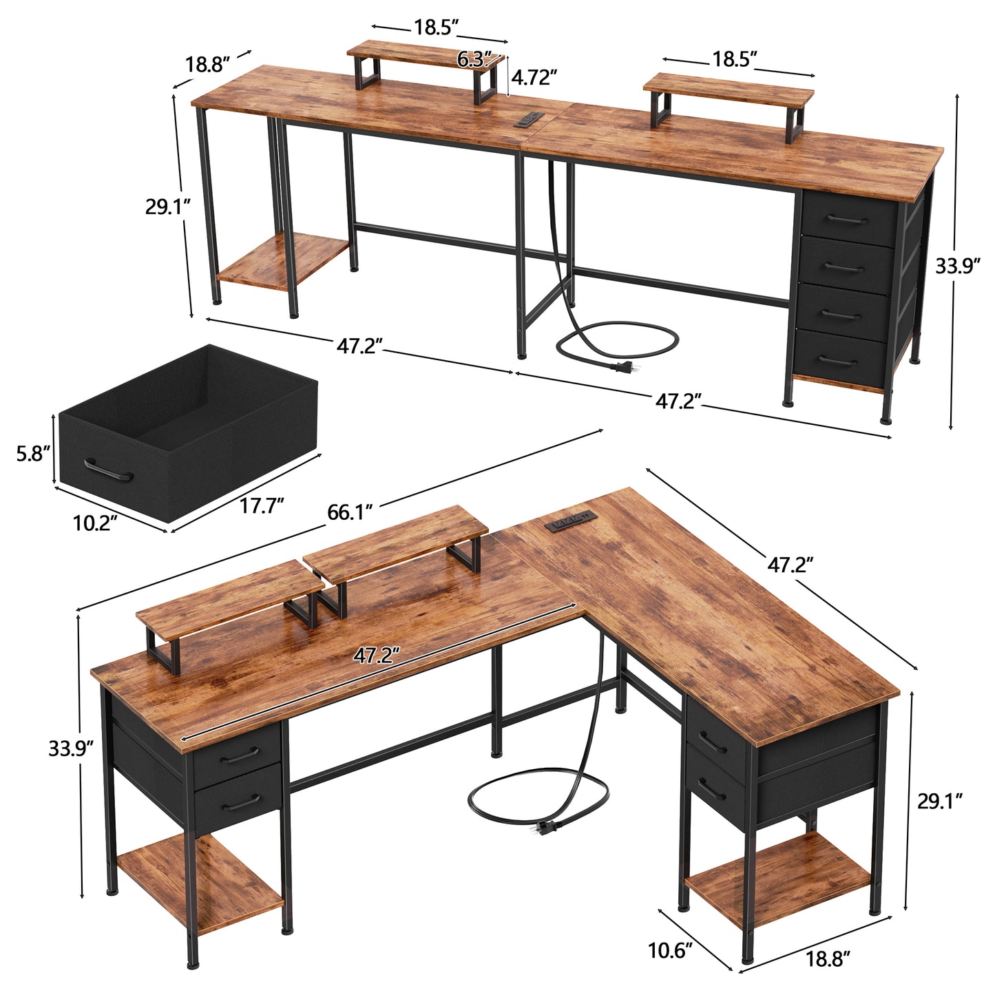 Satifur 66" L-Shaped Desk with Power Outlets, 4 Fabric Drawers & 2 Monitor Stands, Convertible Two Person Home Office Desk, Rustic Brown