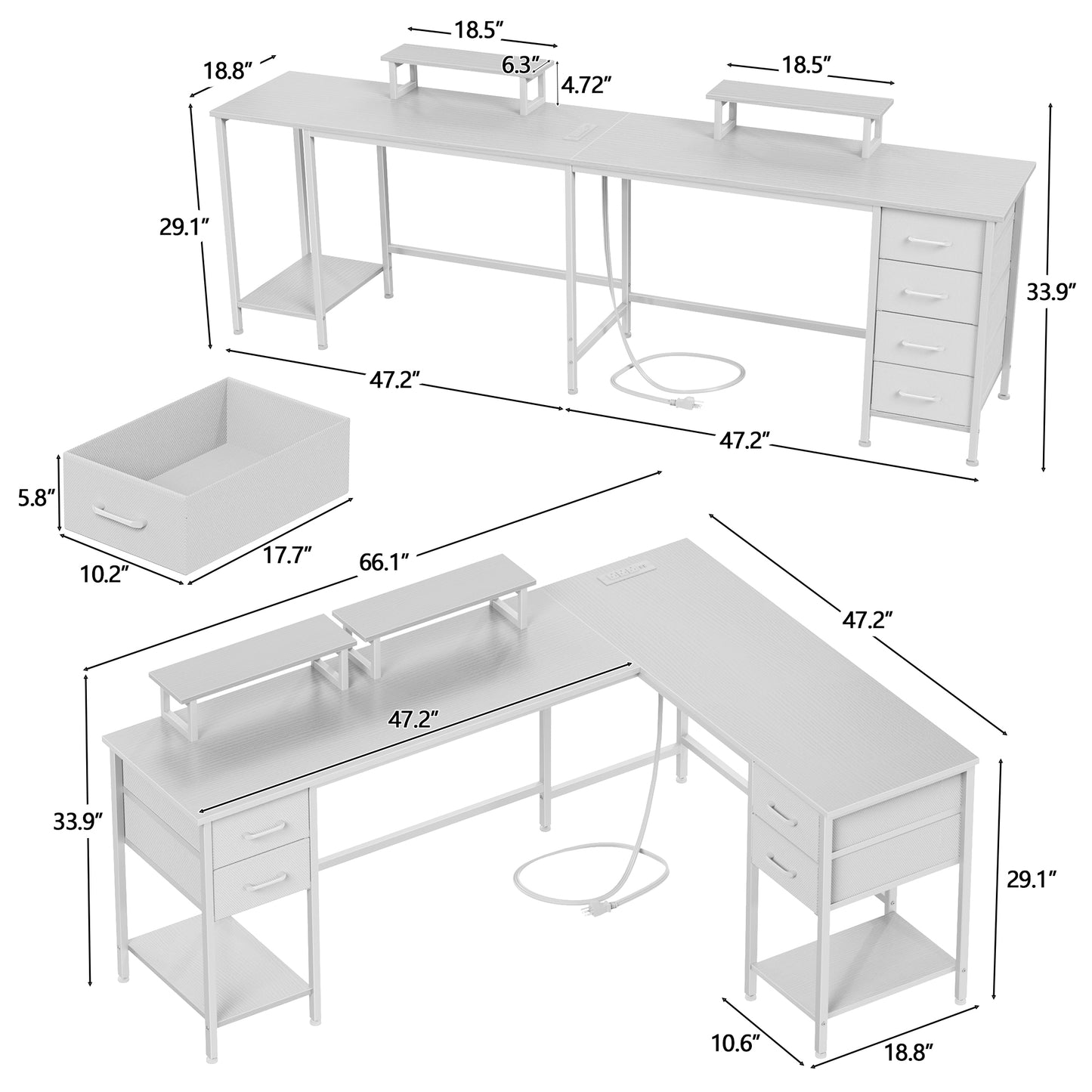 Satifur 66" L-Shaped Desk with Power Outlets, 4 Fabric Drawers & 2 Monitor Stands, Convertible Two Person Home Office Desk, White