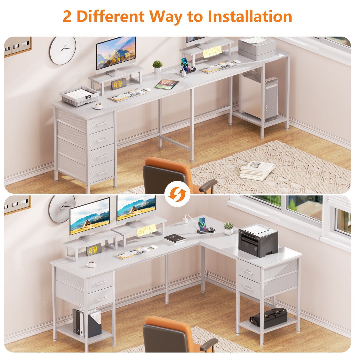 Satifur 66" L-Shaped Desk with Power Outlets, 4 Fabric Drawers & 2 Monitor Stands, Convertible Two Person Home Office Desk, White