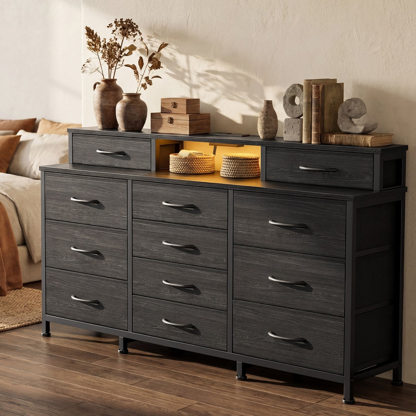 Tydimor Modern Dressers for Bedroom, Wide Chest with 12 Fabric Drawers for Living Room, Black Oak