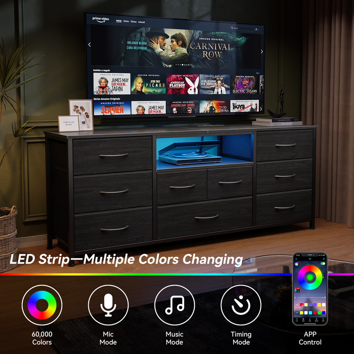 Satifur TV Cabinet Stands for TVs up to 65", Entertainment Center with Outlet & LED, Media Console Table with 9 Drawers for Living Room, Black Oak