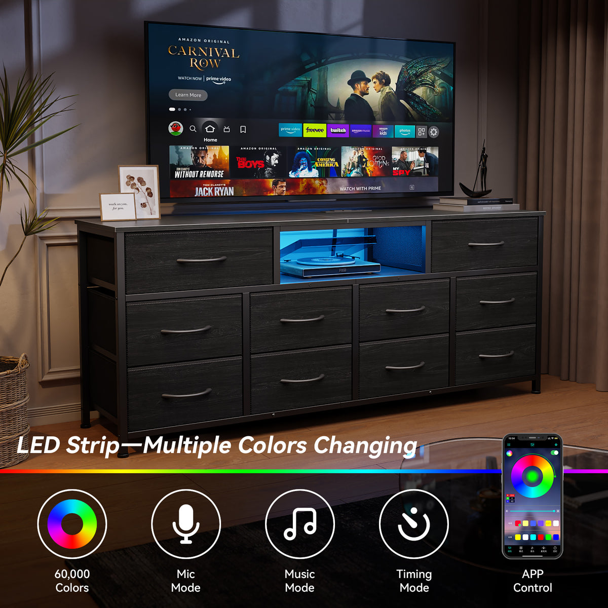 Tydimor TV Cabinet Stands for TVs up to 65", Entertainment Center with Outlet & LED, Media Console Table with 10 Drawers for Living Room, Black