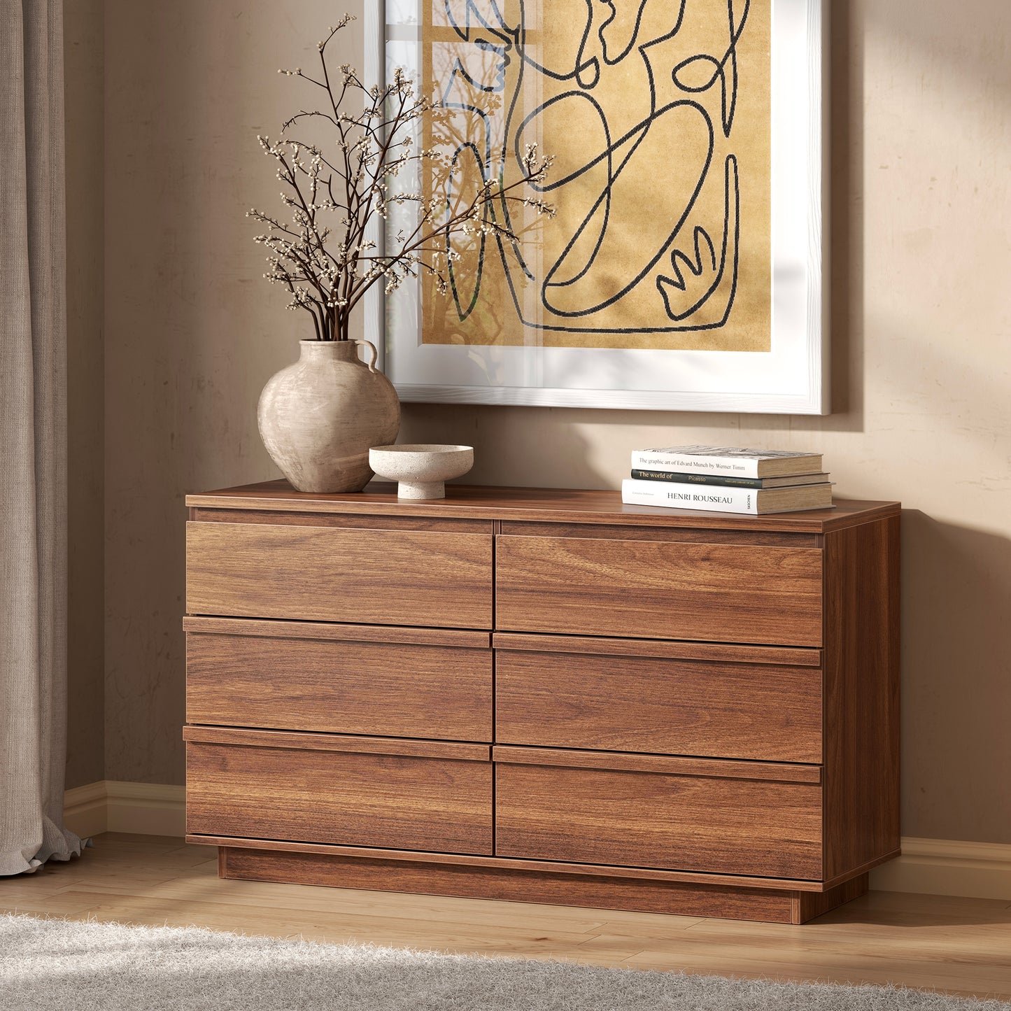 Satifur Modern 6 Drawer Dresser for Bedroom, Wide Wooden Chest of Drawers, TV Stand Dresser for TV up to 55", Storage Organizer Cabinet, Walnut