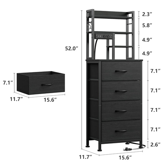 Satifur Tall Nightstand with Charging Station and LED Lights, Bedside Table with 4 Drawers and Bookshelf, Black
