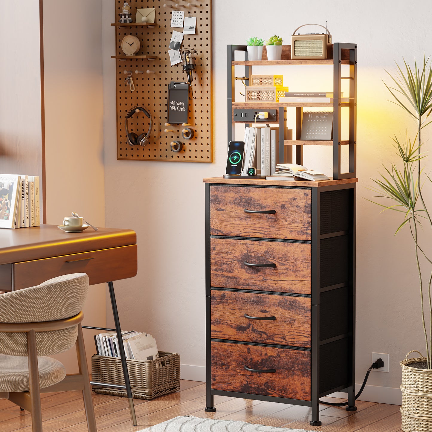 Satifur Tall Nightstand with Charging Station and LED Lights, Bedside Table with 4 Drawers and Bookshelf, Rustic Brown