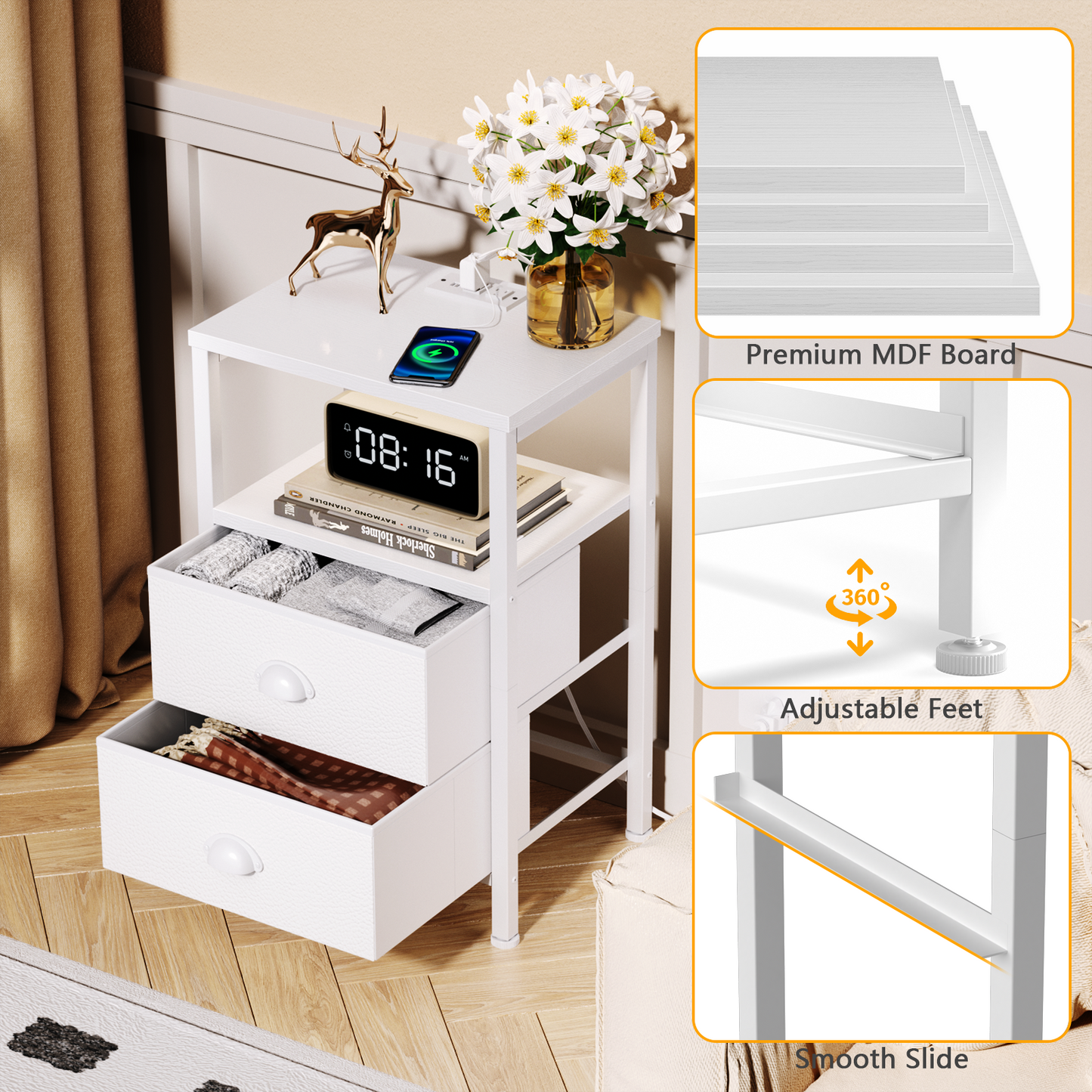 Satifur Bedside Table with Charging Station,White Nightstand Set of 2 with Fabric Drawers
