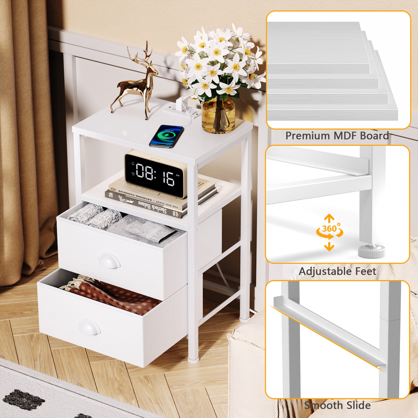 Satifur Bedside Table with Charging Station,White Nightstand Set of 2 with Fabric Drawers