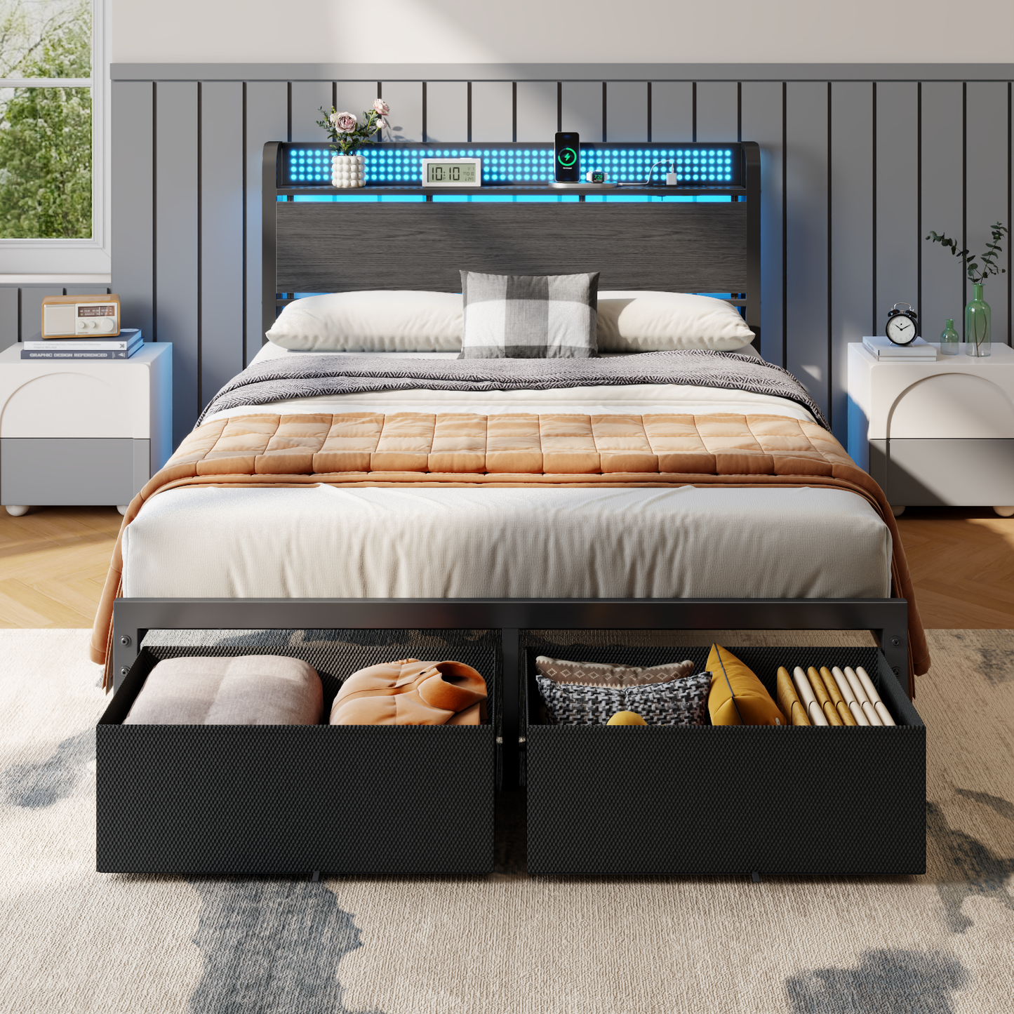 Satifur Full Bed Frame with 2 Drawers & Storage Headboard, Platform Metal Bed with Charging Station, No Box Spring Needed, Rustic Grey