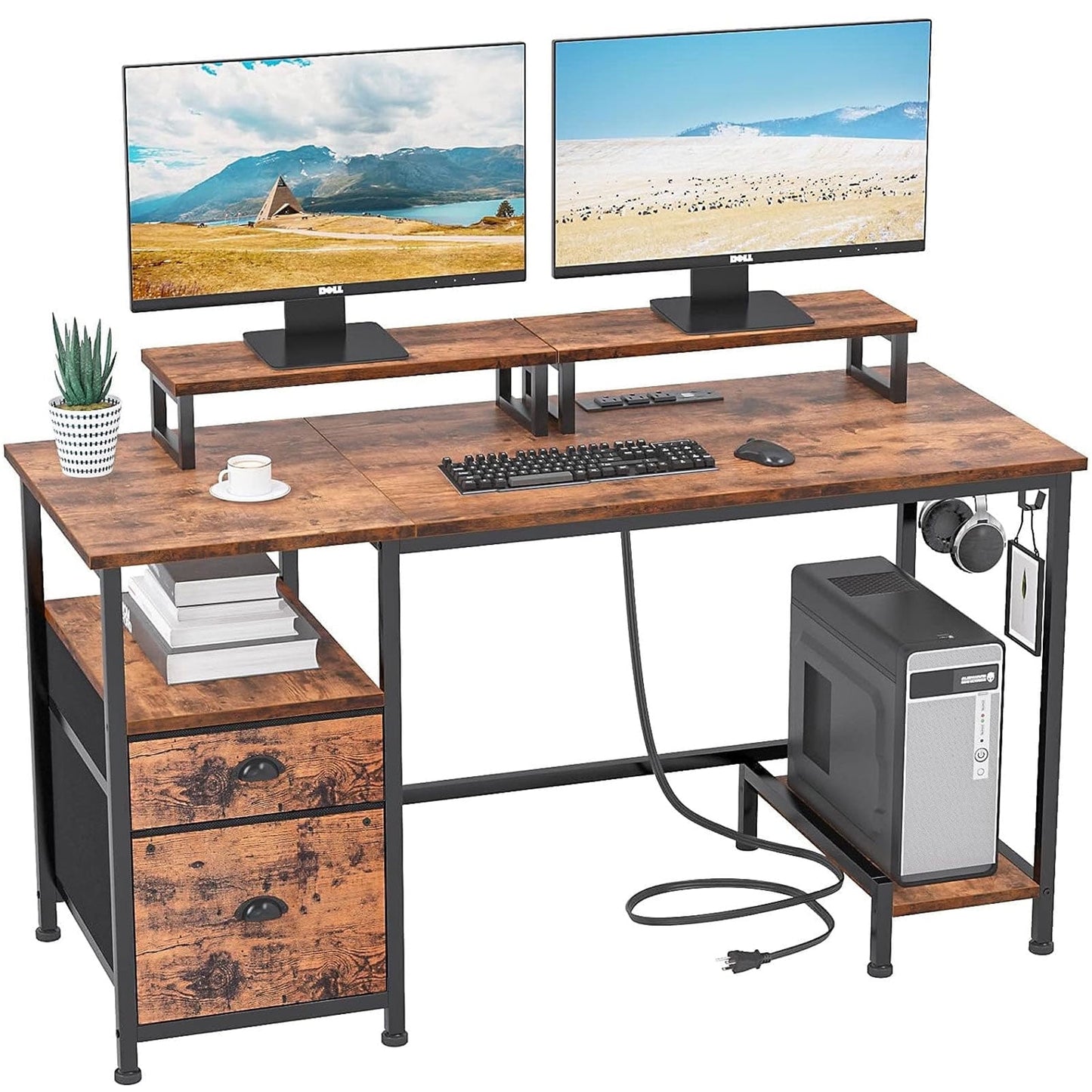Furologee Computer Desk with Drawer & Power Outlets, Office Desk with 2 Monitor Stands & Fabric File Cabinet, Writing Gaming Table with Shelves & 2 Hooks for Home Office, Rustic Brown