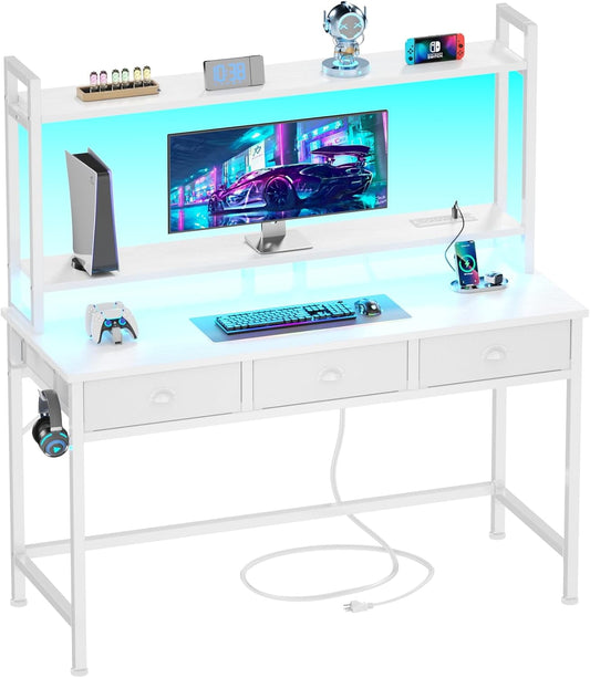 Furologee White Gaming Desk with Power Outlet and LED Light, Computer Desk with 3 Fabric Drawers, Home Office Desk with Monitor Stand and Hutch for Small Space Working, Study Table with Shelf