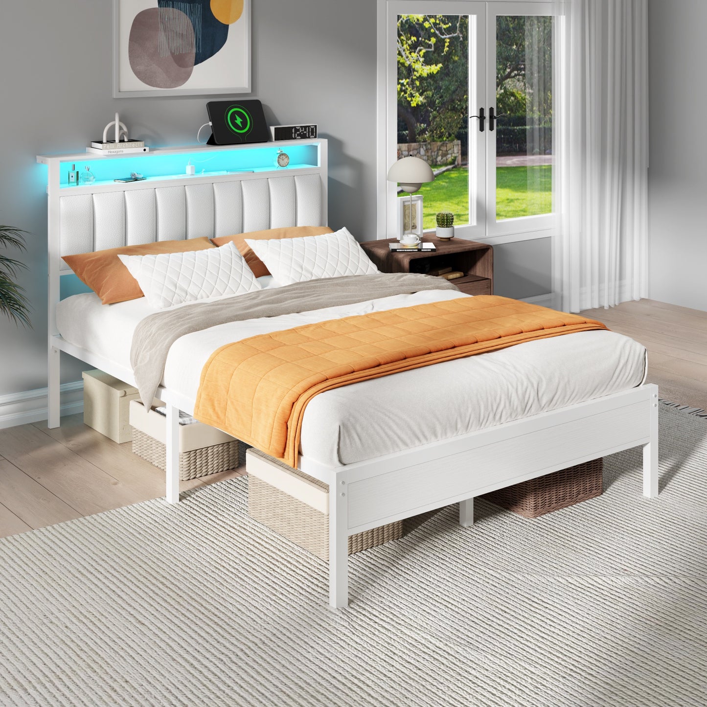Tydimor Full Bed Frames with LED Lights, Platform Bed with Metal Slats, Headboard with 2-Tier Storage Shelves & Charging Station, No Box Spring Needed, White