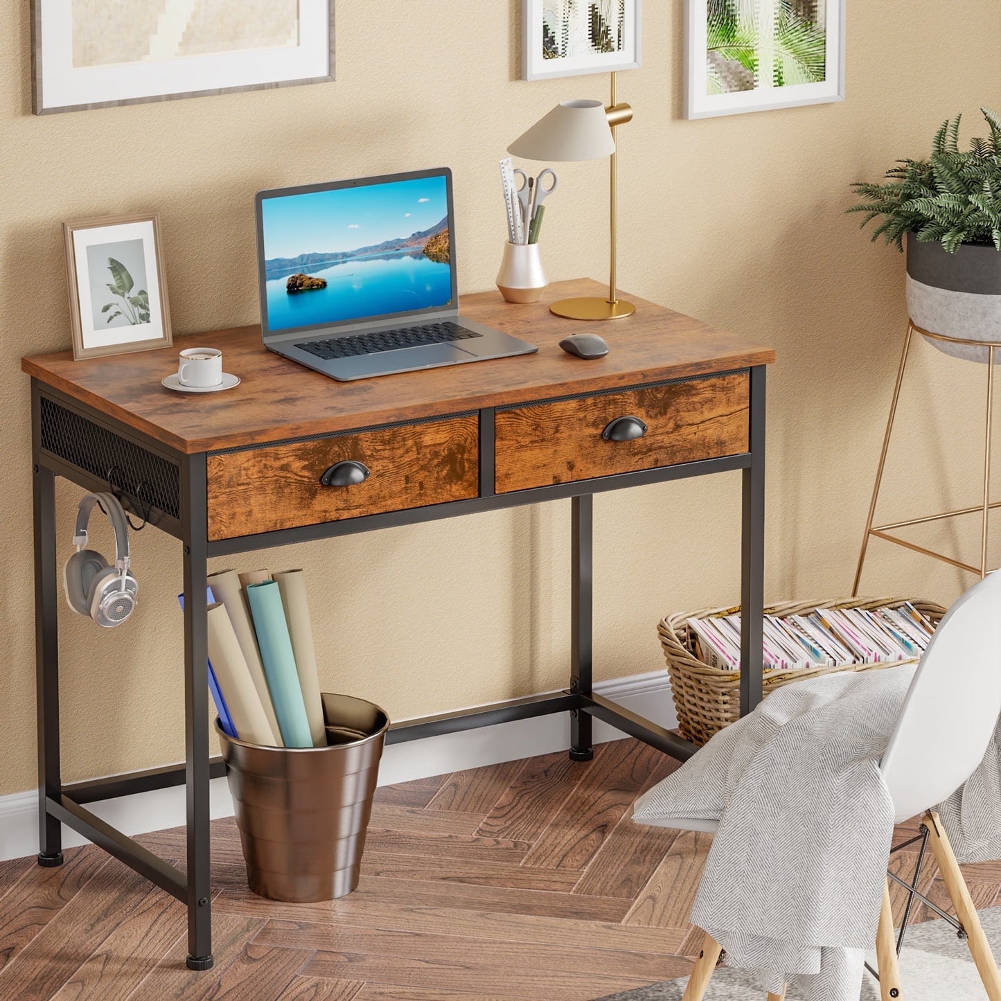 Hexmn Gaming Desk with Fabric Drawers & Hooks for Bedroom Home Office,Rustic Brown