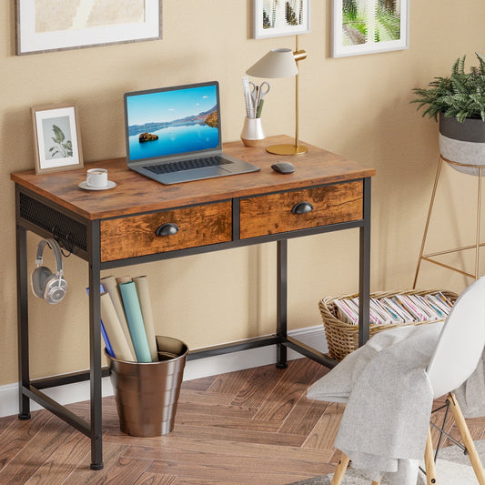 Hexmn Gaming Desk with Fabric Drawers & Hooks for Bedroom Home Office,Rustic Brown