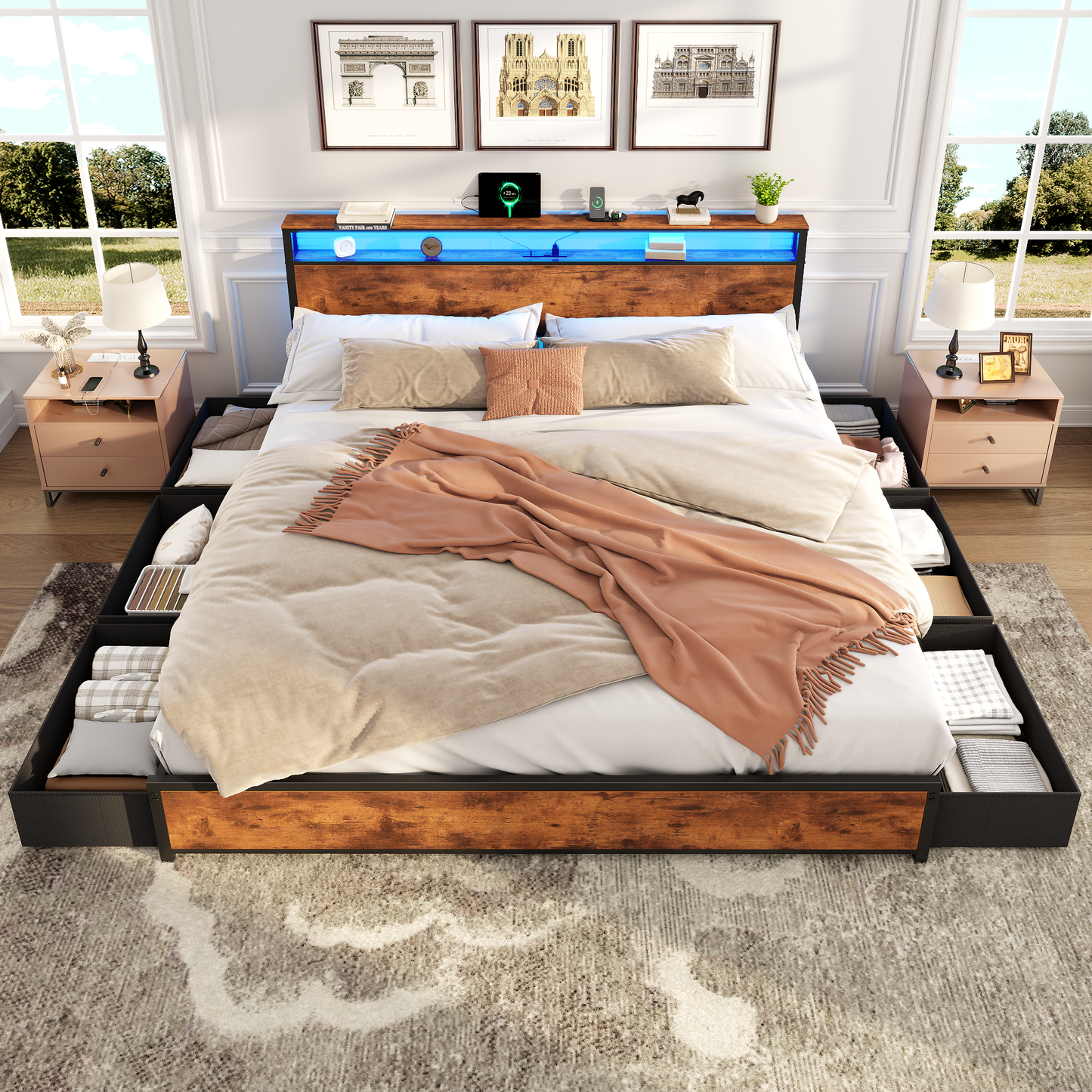 Satifur King Bed Frame with 6 Storage Drawers, Metal Platform Bed Frame with 2-Tier Storage Headboard & LED, Built in Charging Station, Noise-Free, No Box Spring Needed, Rustic Brown