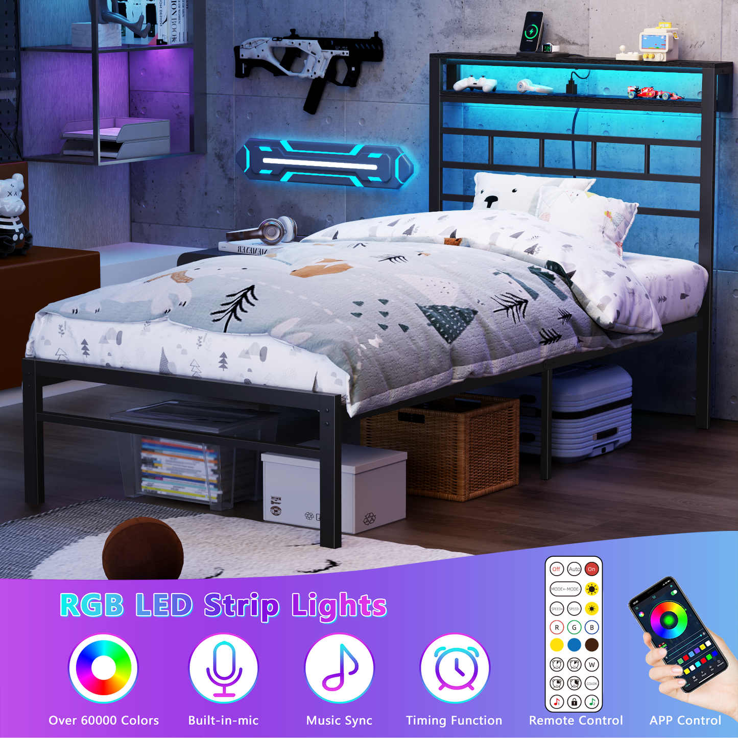 Satifur Twin Size Bed Frame with LED Storage Headboard Shelf, 43.14" High Metal Platform Bed, Black oack