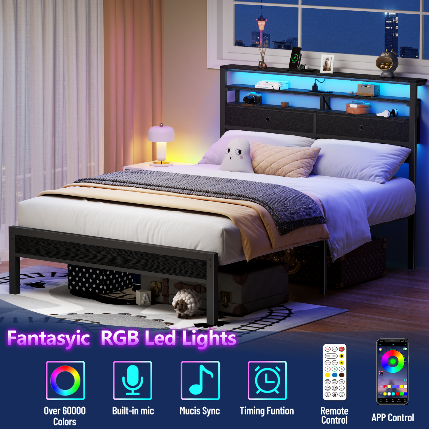 Satifur Full Size Bed Frame with 2 Storage Drawers Headboard, LED & Charging Station, Black oack