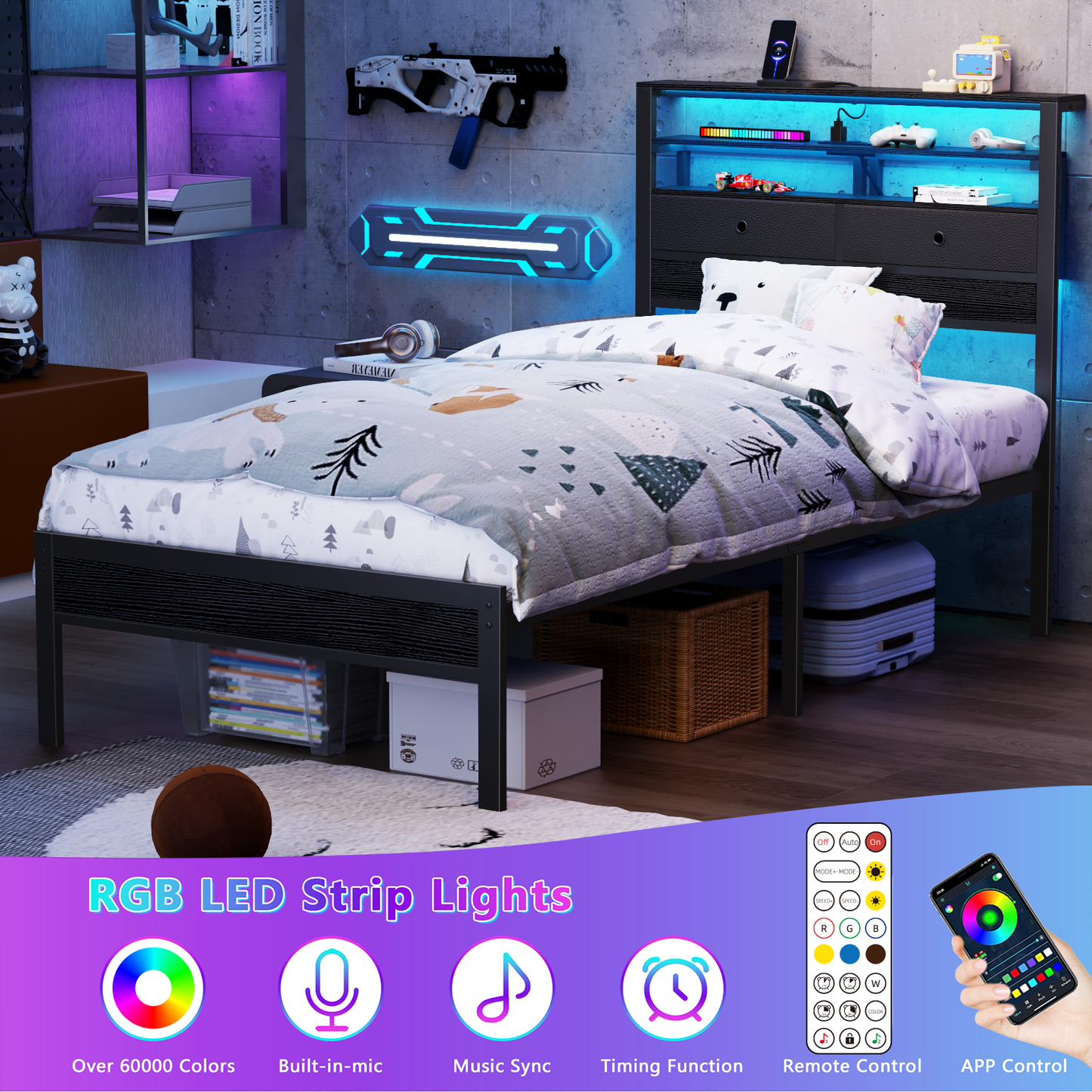 Satifur Twin Size Bed Frame with 2 Storage Drawers Headboard, LED & Charging Station, Black oack