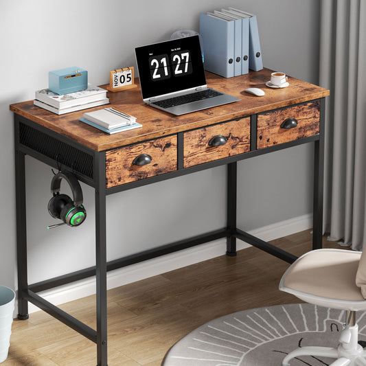 Satifur Computer Desk with Drawers & Hooks, 40" Writing Desk with 3 Fabric Drawers for Bedroom, Rustic Brown