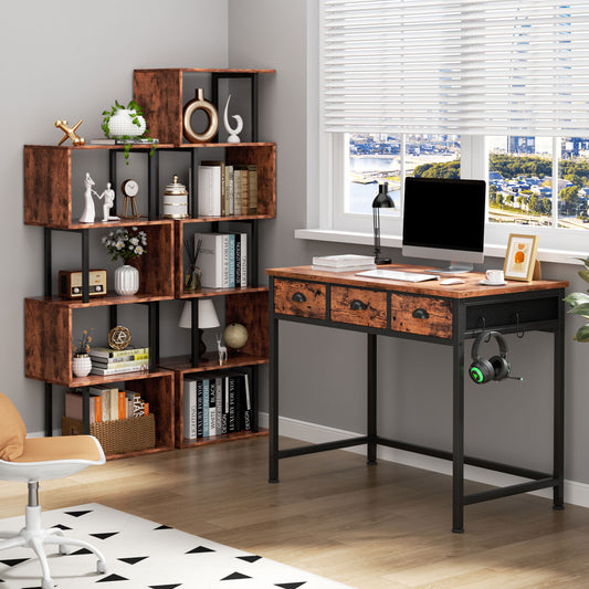 Satifur Computer Desk with Drawers & Hooks, 40" Writing Desk with 3 Fabric Drawers for Bedroom, Rustic Brown