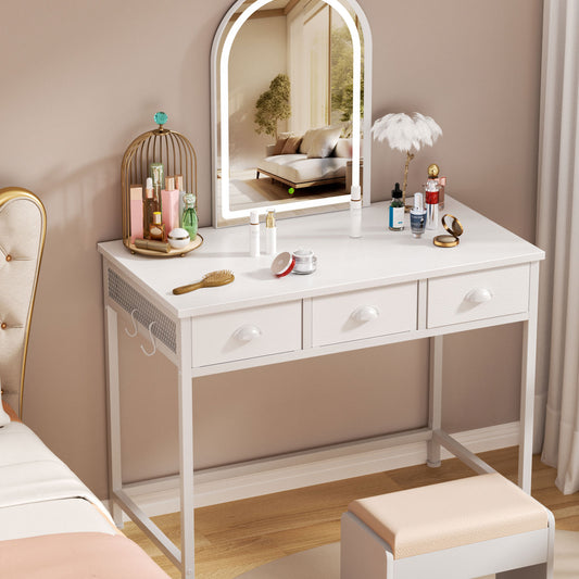 Satifur White Writing Desk with Drawers & Hooks, 40" Computer Desk with 3 Fabric Drawers