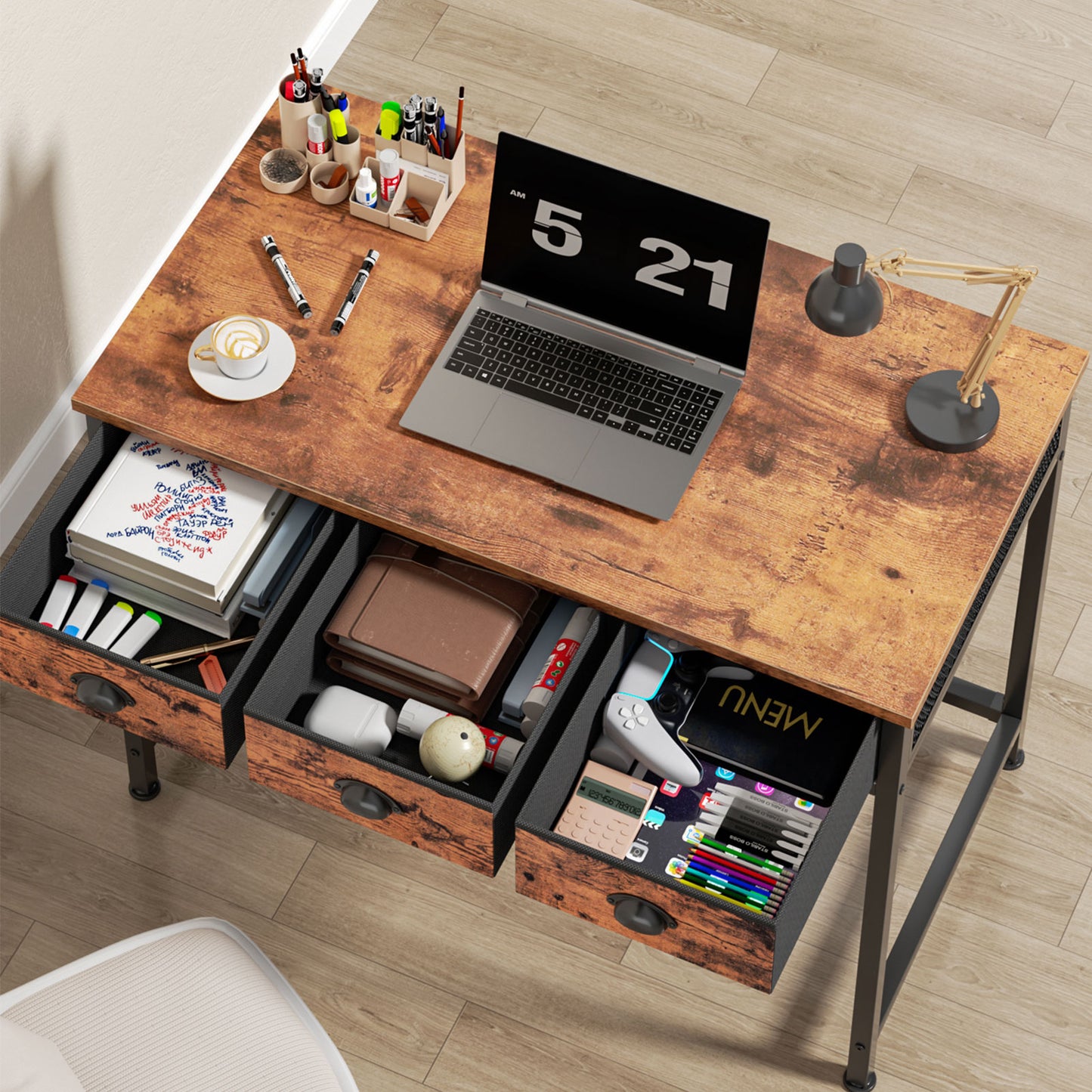 Satifur Computer Desk with Drawers & Hooks, 40" Writing Desk with 3 Fabric Drawers for Bedroom, Rustic Brown