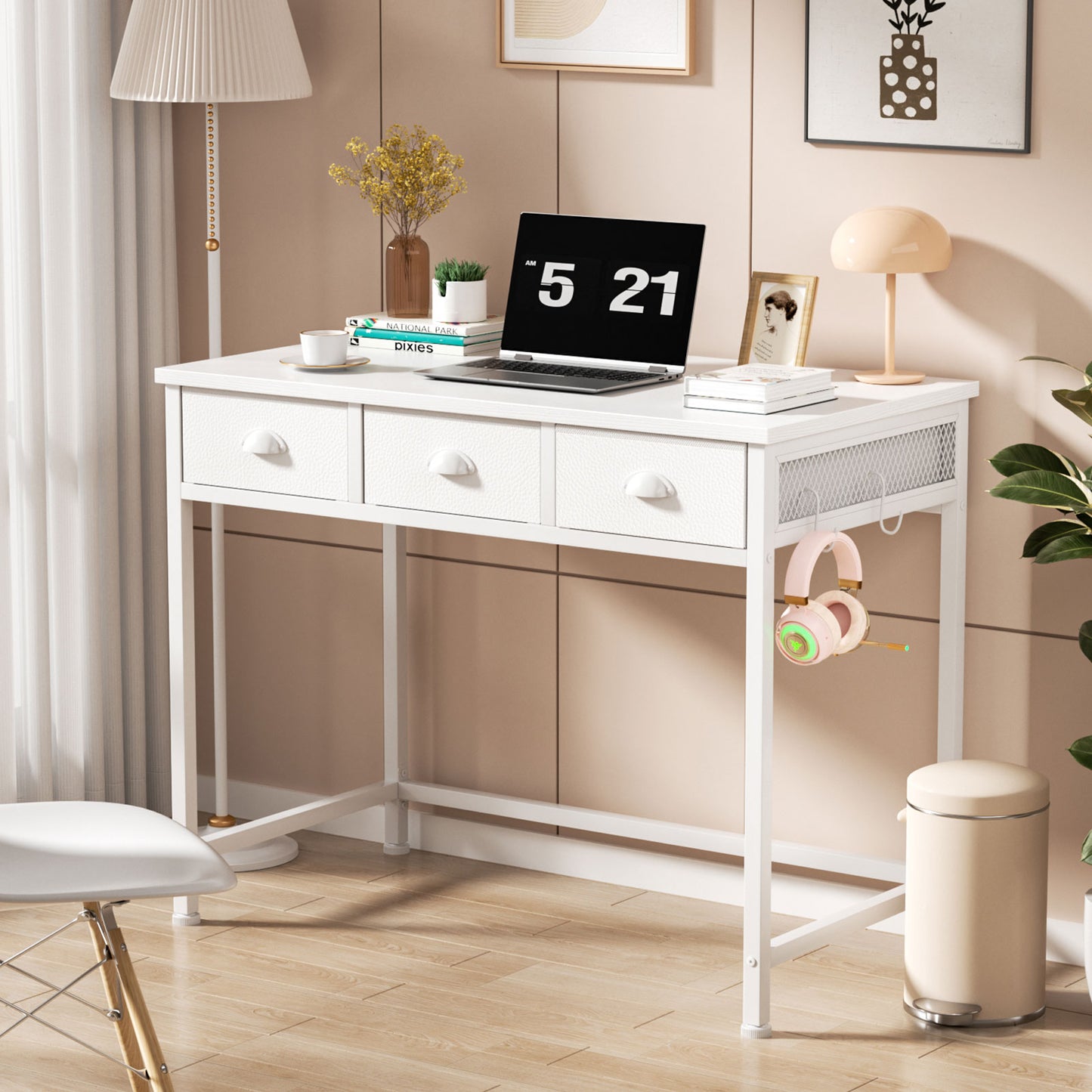 Satifur White Writing Desk with Drawers & Hooks, 40" Computer Desk with 3 Fabric Drawers