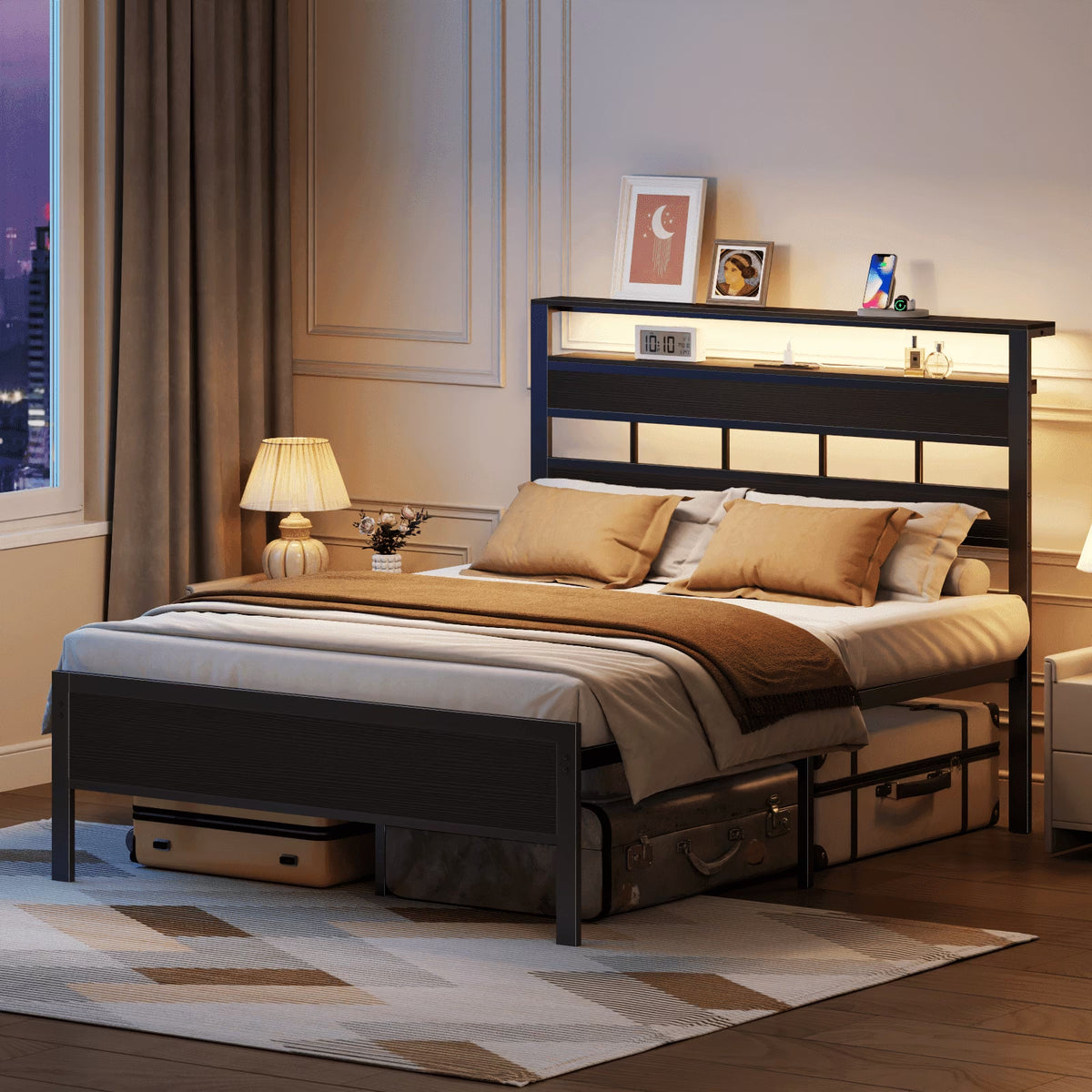 Satifur Full Size Bed Frame with Upholstered Storage Headboard and LED Light, Platform Bed with Metal Slats, Noise Free Design