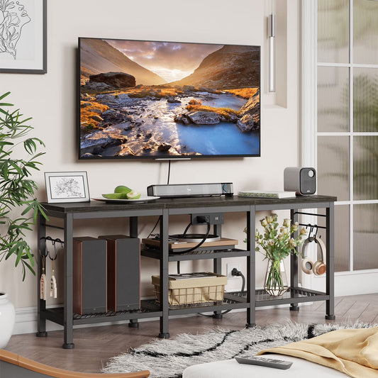 Tydimor Vintage TV Stand with Power Outlet for TVs up to 55" TVs with Open Storage Shelves & Metal Frame, Light Black OAk