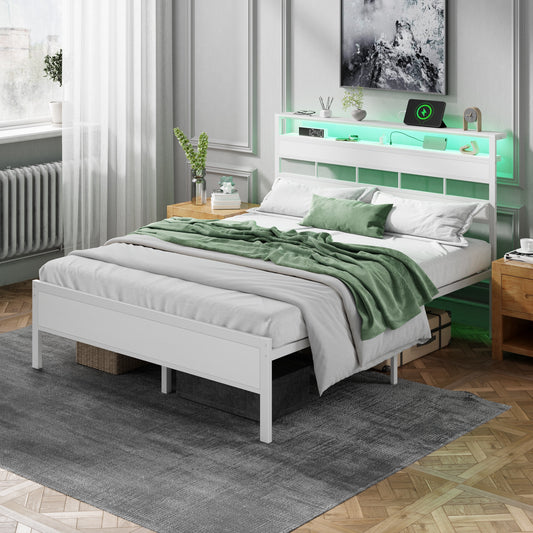 Tydimor Queen Bed Frames with Wood Headboard & 2-Tier Storage Shelves, Queen Size Platform Bed with Charging Station and LED Lights, No Box Spring Needed, White