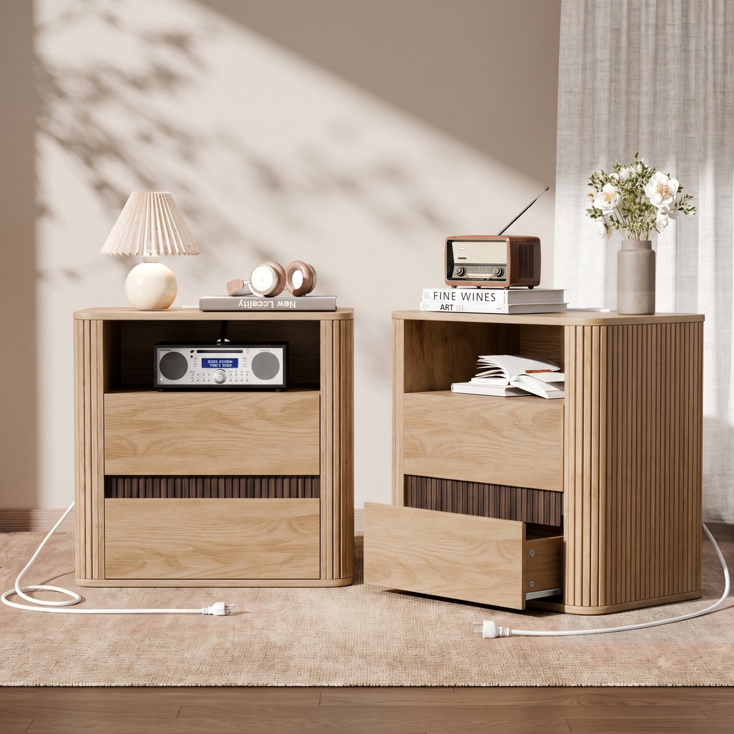 Satifur Wooden Nightstand with Charging Station, 2 Drawers Bedside Table, Storage End Table for Bedroom Living Room, Oak
