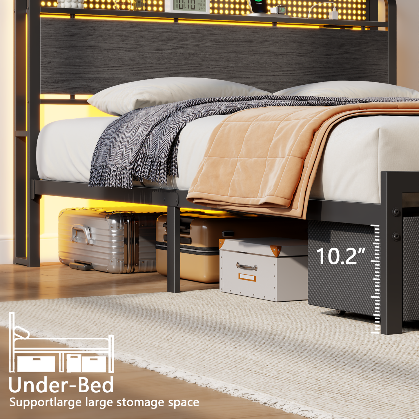 Satifur Queen Bed Frame with 2 Drawers & Storage Headboard, Platform Metal Bed with Charging Station, No Box Spring Needed, Rustic Grey