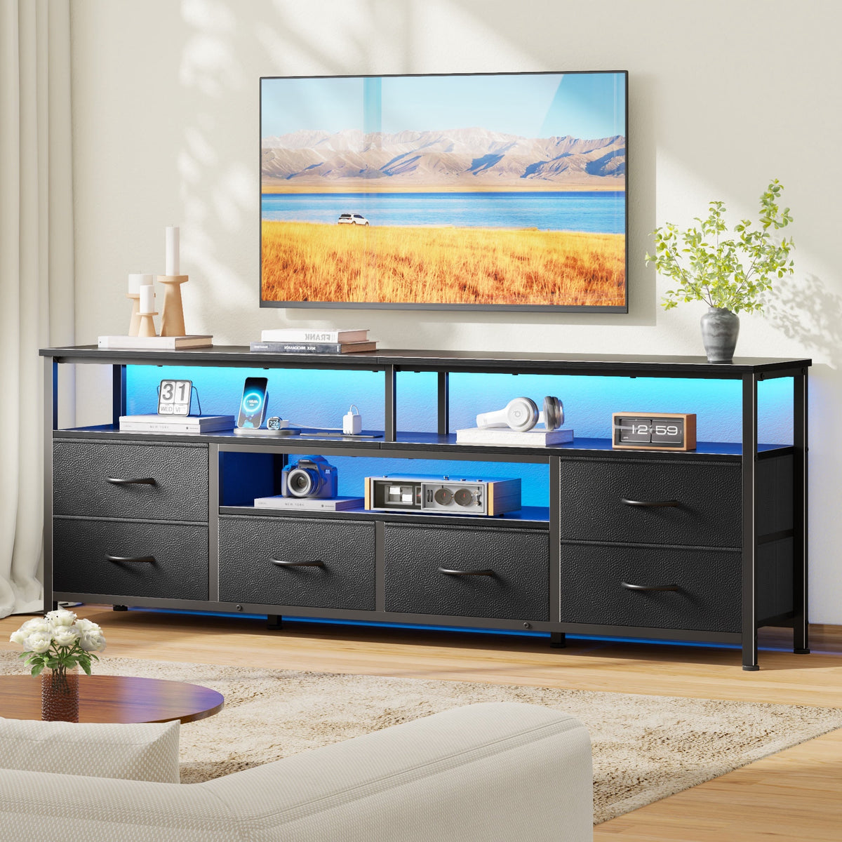 Tydimor 63 Inch TV Stand with LED Lights & Charging Power Station, 6 Fabric Drawer Dresser, Multifunctional Media Console, Sideboard Storage Cabinet, Entryway Hallway Table Fits 32-70 Inch TV, Black