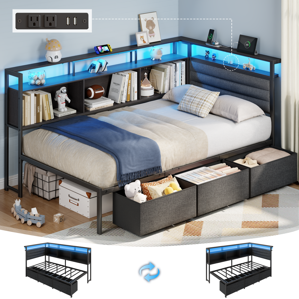 Satifur L-Shaped Corner Bed Frame with 3 Storage Drawers, 3 Cubbies & Double-Layer Shelf, LED Lights & Power Outlet, Corner Twin Beds for Living Room, Bedroom and Guest, Black