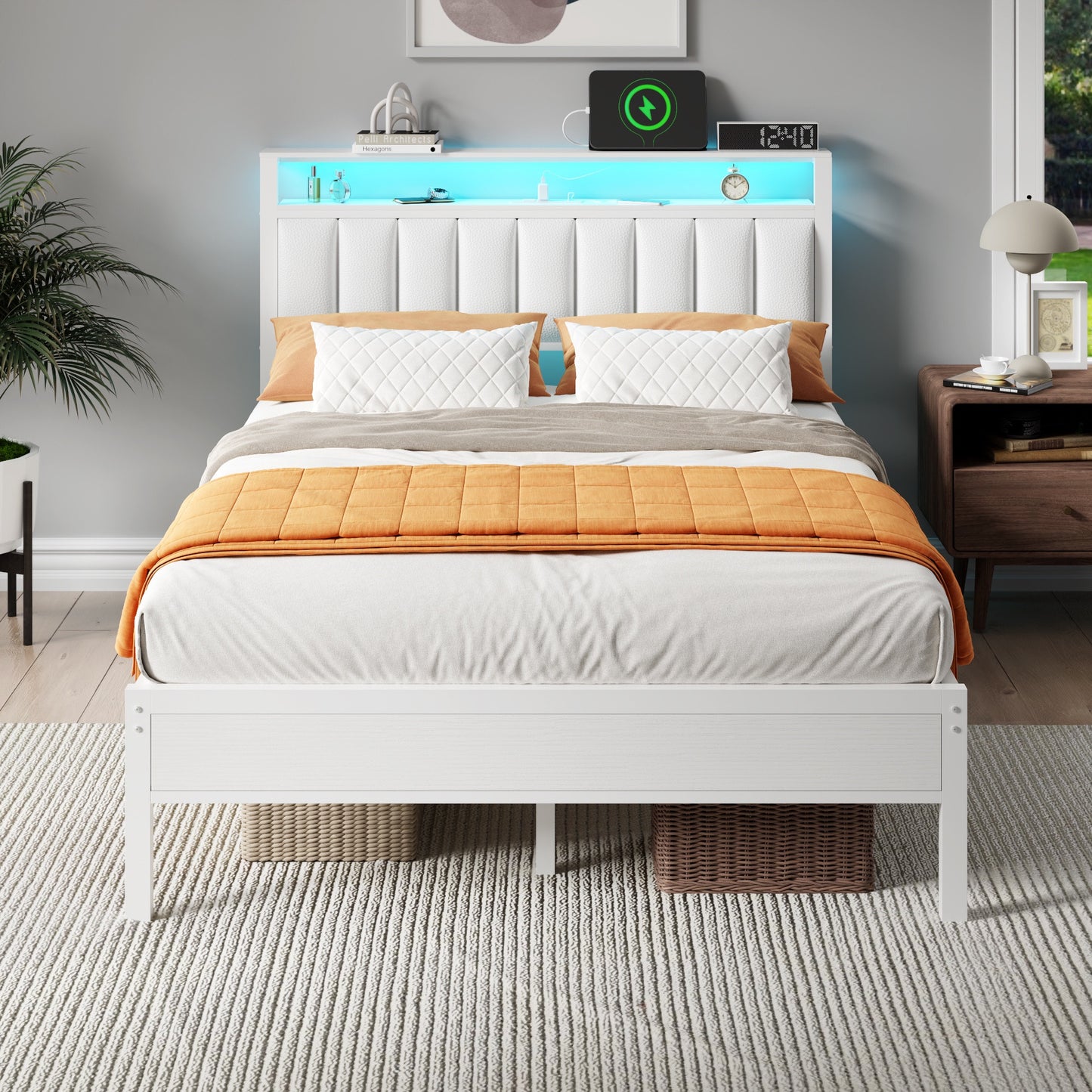 Tydimor Full Bed Frames with LED Lights, Platform Bed with Metal Slats, Headboard with 2-Tier Storage Shelves & Charging Station, No Box Spring Needed, White