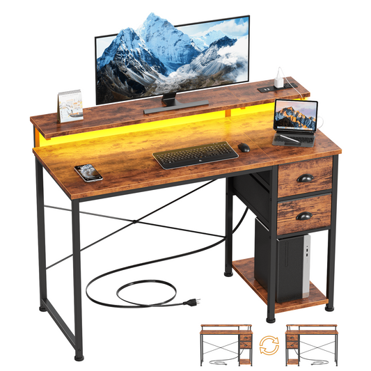 Satifur Computer Desk with Power Outlets & LED Lights, Home Office Desk with 2 Drawers, LED Change Colors Standing Gaming Desk, Rustic Brown-1