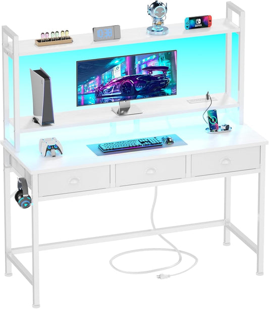Satifur Small Computer Desk with Power Outlet & 3 Fabric Drawers, Gaming Desk with LED Light and Monitor Stand, Home Office Desk with Shelf and Hutch for Small Space, White
