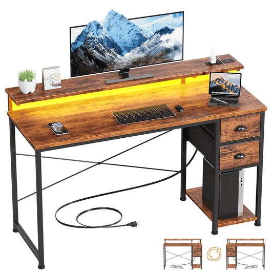 Satifur Computer Desk with Power Outlets & LED Lights, Home Office Desk with 2 Drawers, LED Change Colors Standing Gaming Desk, Rustic Brown