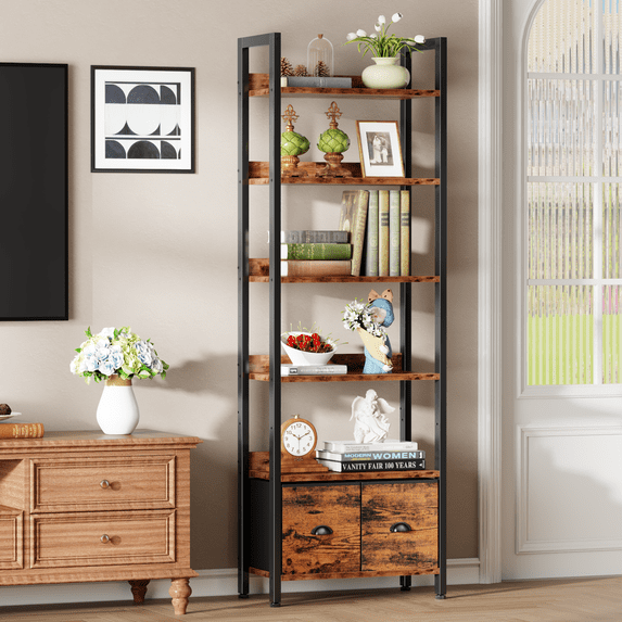 Satifur 6 Tier Rustic Brown Freestanding Bookcase, Large Capacity Organizer with Removable Drawers, Easy Clean for Kitchen, Balcony
