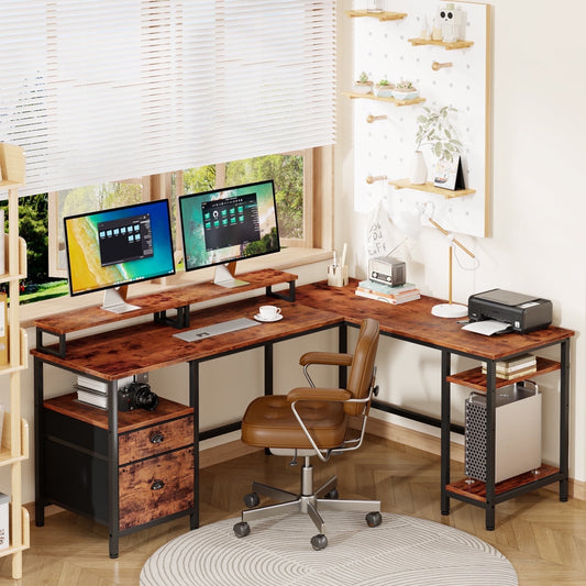 Satifur Computer Desk L-Shaped, Reversible Gaming Desk, Rustic Brown