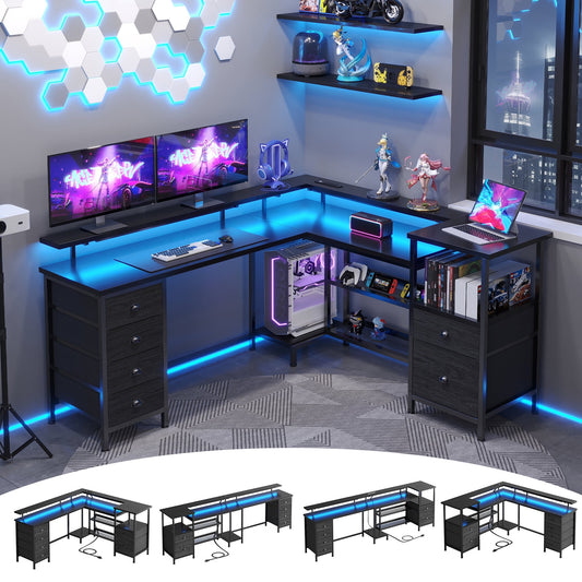 Satifur L Gaming Desk with Drawers and Outlet, Black Computer Desk with LED Light , Corner Desk with File Cabinet & Shelves